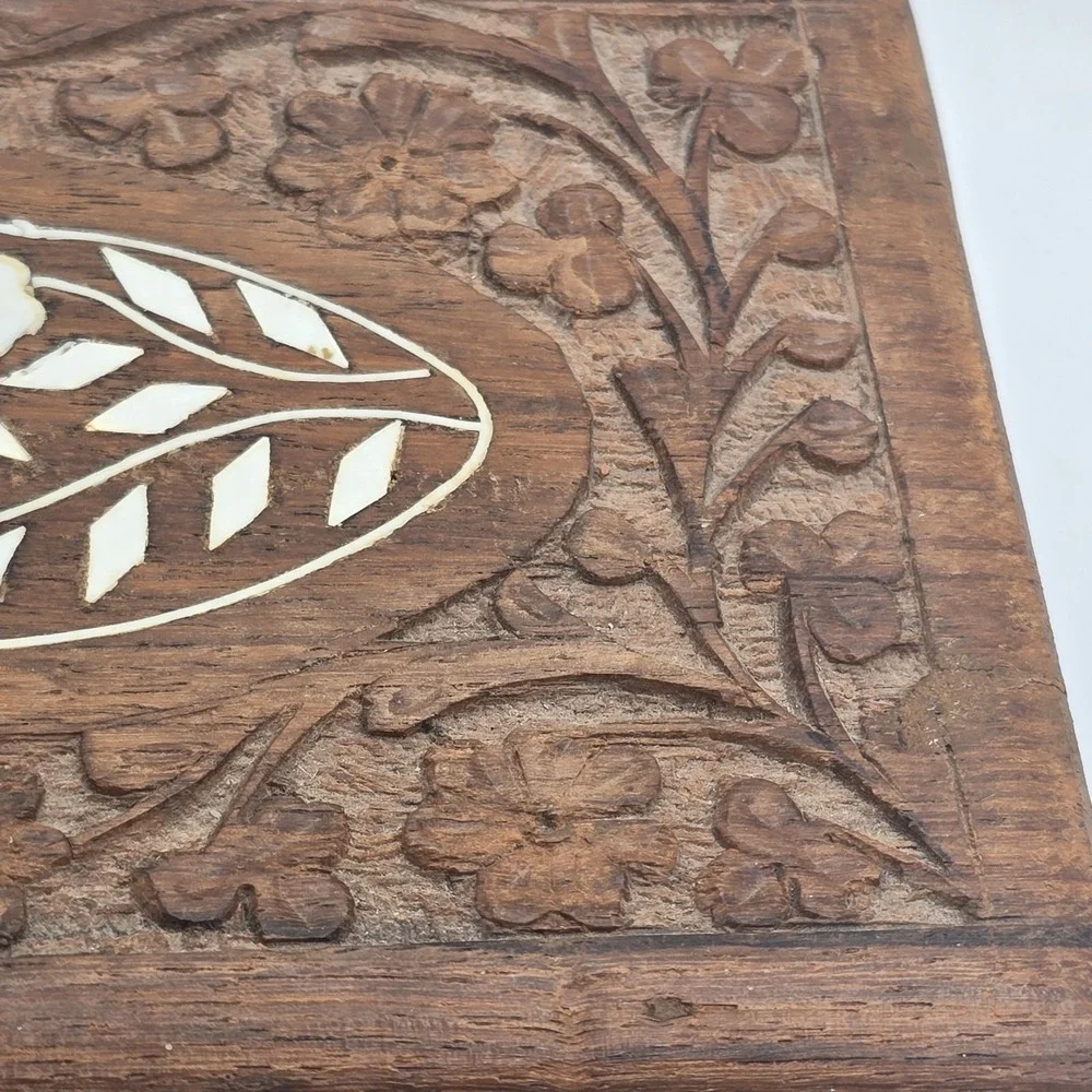 Vintage Hand Carved Wood Box Floral Design Inlay velvet lined Jewelry Box